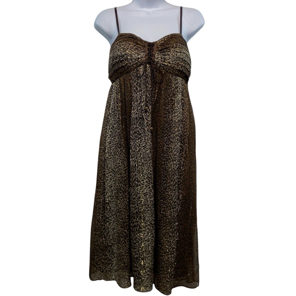 NICOLE Miller Dress Size 8 Silk Metallic Spaghetti Strap Leopard Babydoll Y2K